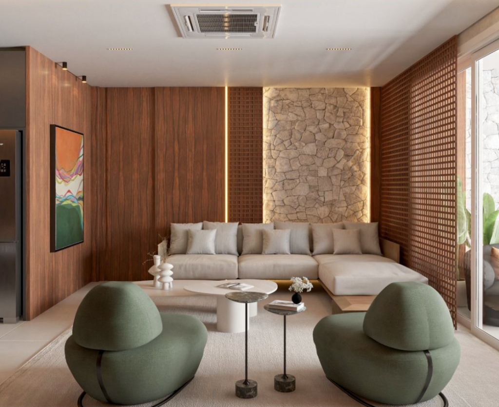 Como combinar madeira, pedra e tecidos na decoração