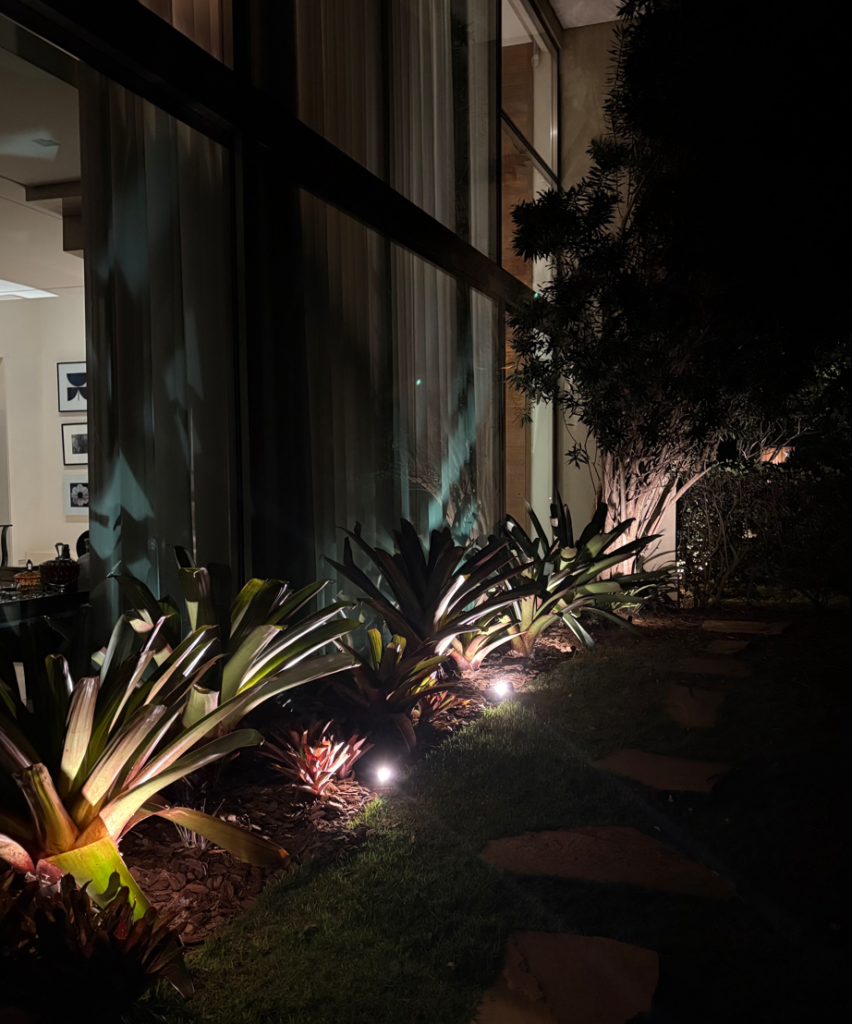  Árvores e arbustos sendo iluminados por fincos de jardim direcionáveis
